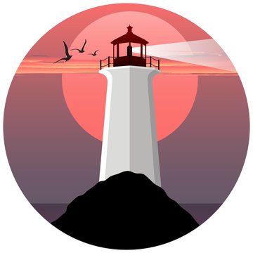 vector illustration of lighthouse on the sea. lighthouse on the background of the sun and birds. Lighthouse at sunset. Lighthouse at sunrise. Lighthouse logo.