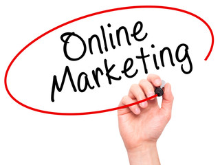 Man Hand writing Online Marketing with black marker on visual sc