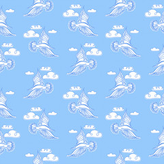 Summer sea seamless pattern. Illustration of bird seagull, sky a