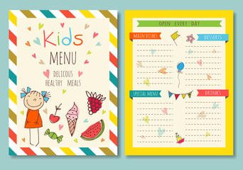 Obraz premium Cute colorful kids meal menu vector template