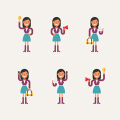 Cartoon Character Set of Businesswoman in Various Poses. Flat Style Vector Illustration