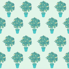 Seamless pattern of small tangerine tree in a pot in contour sty