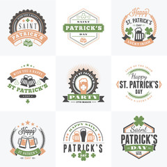 Set of St. Patricks Day Retro Holiday Badges. Vector Greetings Card Design. Saint Patricks Day Background. Happy Saint Patricks Day