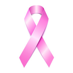 Realistic pink ribbon, breast cancer awareness symbol, isolated on white.