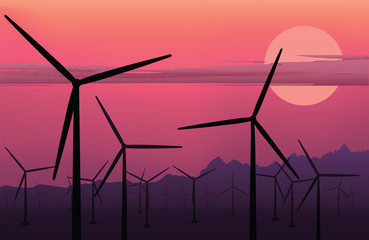vector horizontal illustration of electric windmill. Wind energy. Clean energy background.  Windmill at sunset. Windmill at sunrise. Environmental energy.