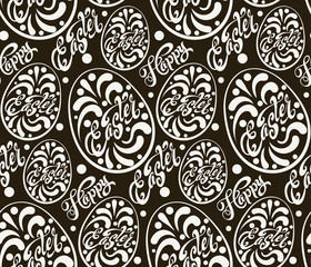 Black-and-white pattern with Easter eggs and text - happy Easter. Template for Your design