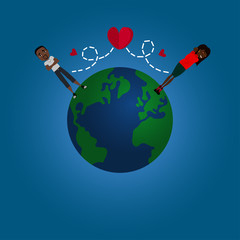 Vector Flat Design Long Distance Relationship Illustration with the Earth Globe, a Couple in Love and Red Hearts