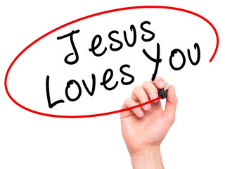 Man Hand writing Jesus Loves You with black marker on visual scr