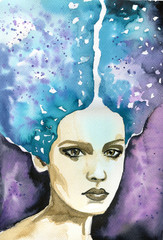 Abstract watercolor illustration depicting a portrait of a woman