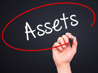 Man Hand writing Assets with black marker on visual screen
