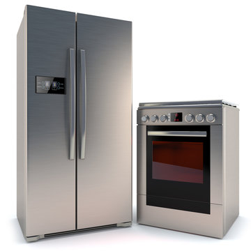refrigerator with a display and gas stove with oven isolated on