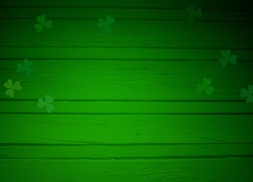 St. Patricks day greeting card, mock up scene with empty space, wooden background and clover leaves