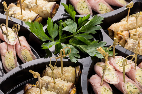 closeup set different canapes and snacks