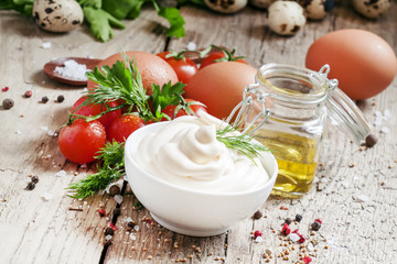 Homemade mayonnaise with chicken eggs and mustard oil, selective