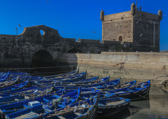 Fishing boats and fishing nets in the port of Essaouira, Morocco, North Africa
