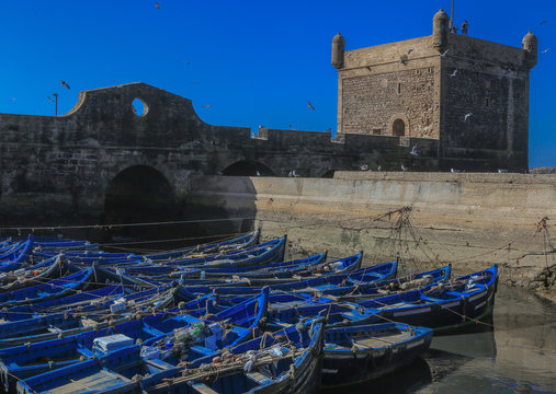 Fishing boats and fishing nets in the port of Essaouira, Morocco, North Africa
