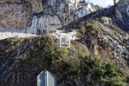 drone flying in a marble quarry