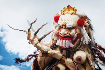 Rangda - traditional demon ogoh-ogoh at ritual night parade of terrible monsters - pengrupukan,...