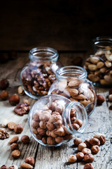 Peeled hazelnuts, selective focus
