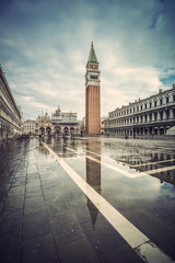 St. Marks Square (Piazza San Marco) during high tide, Venice (Venezia), Italy, Europe, Vintage filtered style
