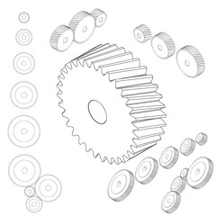 Set of gear wheels in black and white. By changing size, gears can be combined into mechanism. isometric style