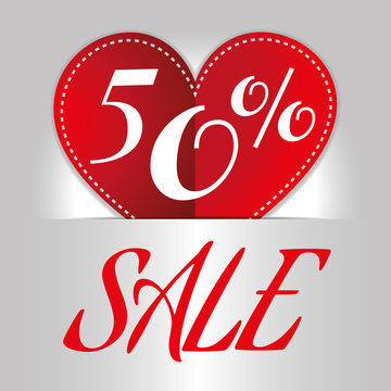 Happy Valentine's Day Sale Banner. Big Red Heart with Stitches and Promotional Text on White Silver Backdrop. Sale Message Digital background vector percentage discount banner.
