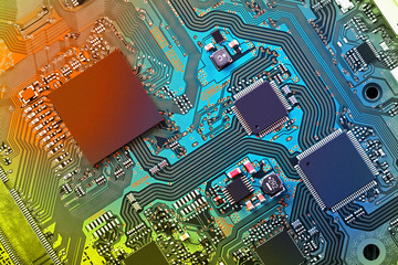 Electronic circuit board close up.