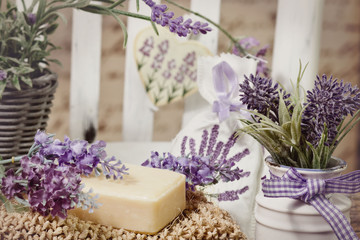 Fototapeta na wymiar soap bars and lavender decoration