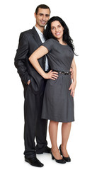 Couple embrace, studio portrait on white. Dressed in black suit.