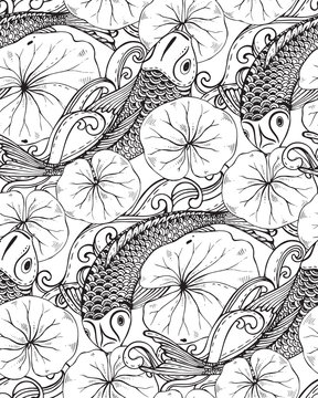 Seamless vector pattern with hand drawn Koi fish, lotus leaves