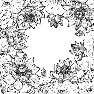 Beautiful monochrome vector floral frame with lotus