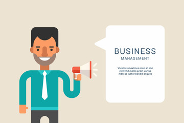 Business Concepts with Businessman Cartoon Character. Businessman with Speech Bubble. Management. Vector Illustration in Flat Design Style
