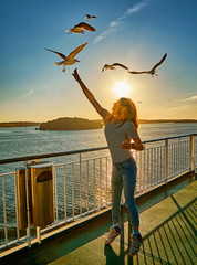 Fototapeta premium Young girl feeding seagulls in the flare of setting sun onboard a ferry in Scandinavia