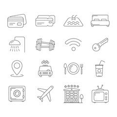 Collection of travel and hotel icons, thin line style, hotel typical symbols, hotel vector stock image