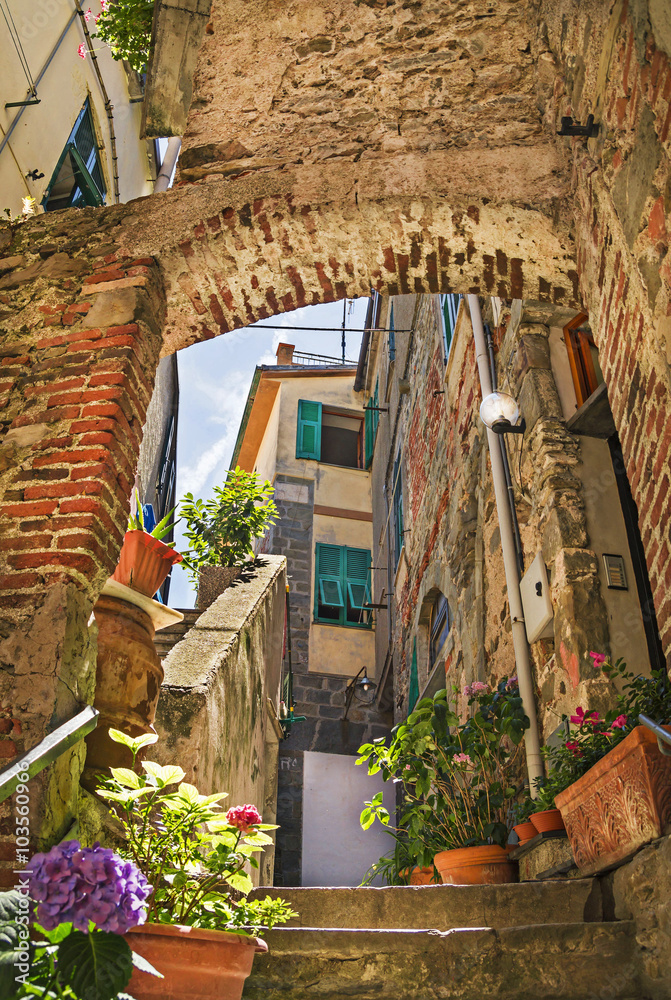 Wall mural Picturesque narrow street in Corniglia, beautiful village in Cinque Terre National Park ,La Spezia, Italy.