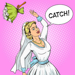 Bride throws wedding bouquet pop art vector