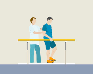 The doctor helps a patient in the hospital room rehabilitation. Vector illustration