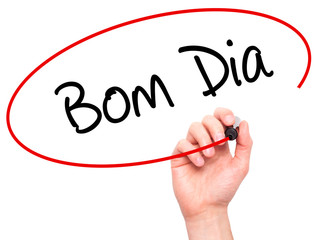 Man Hand writing &quot;Bom Dia&quot; (In portuguese - Good Morni