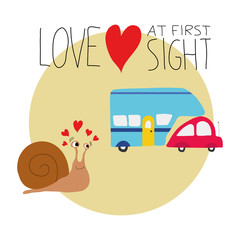 Naklejka premium Vector illustration of a snail falling in love with a car and a trailer. Funny Saint Valentines greeting card. Love concept.