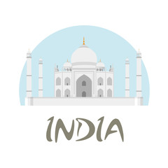 Travel India badge. Taj Mahal vector illustration with white and blue background and text India.