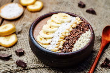 chocolate smoothie with banana, coconut, pine nuts, chocolate an