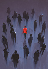 Naklejka premium one red man standing with other people with phone,unique person in the crowd,illustration