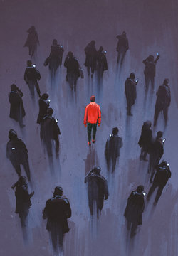 one red man standing with other people with phone,unique person in the crowd,illustration