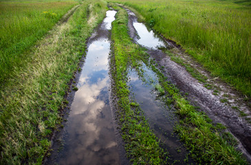 Fototapeta na wymiar Dirt road with puddles in the green field