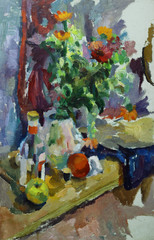 Fototapety  Obraz olejny martwa natura z kwiatami w wazonie na stole, butelką alkoholu, jabłkami, nitką na płótnie