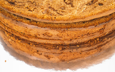 Closeup of freshly made chocolate cake base on silver mirror pla