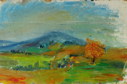 Old oil painting autumn landscape with mountains, trees, sky, sunset On Canvas