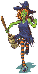 Scary Witch Running with Broom Cartoon Illustration