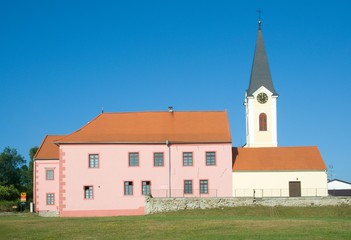 Fototapeta na wymiar Castle and church in village Olesnice in south Bohemia,Czech republic