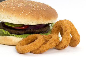 hamburgers and onion rings on a white background